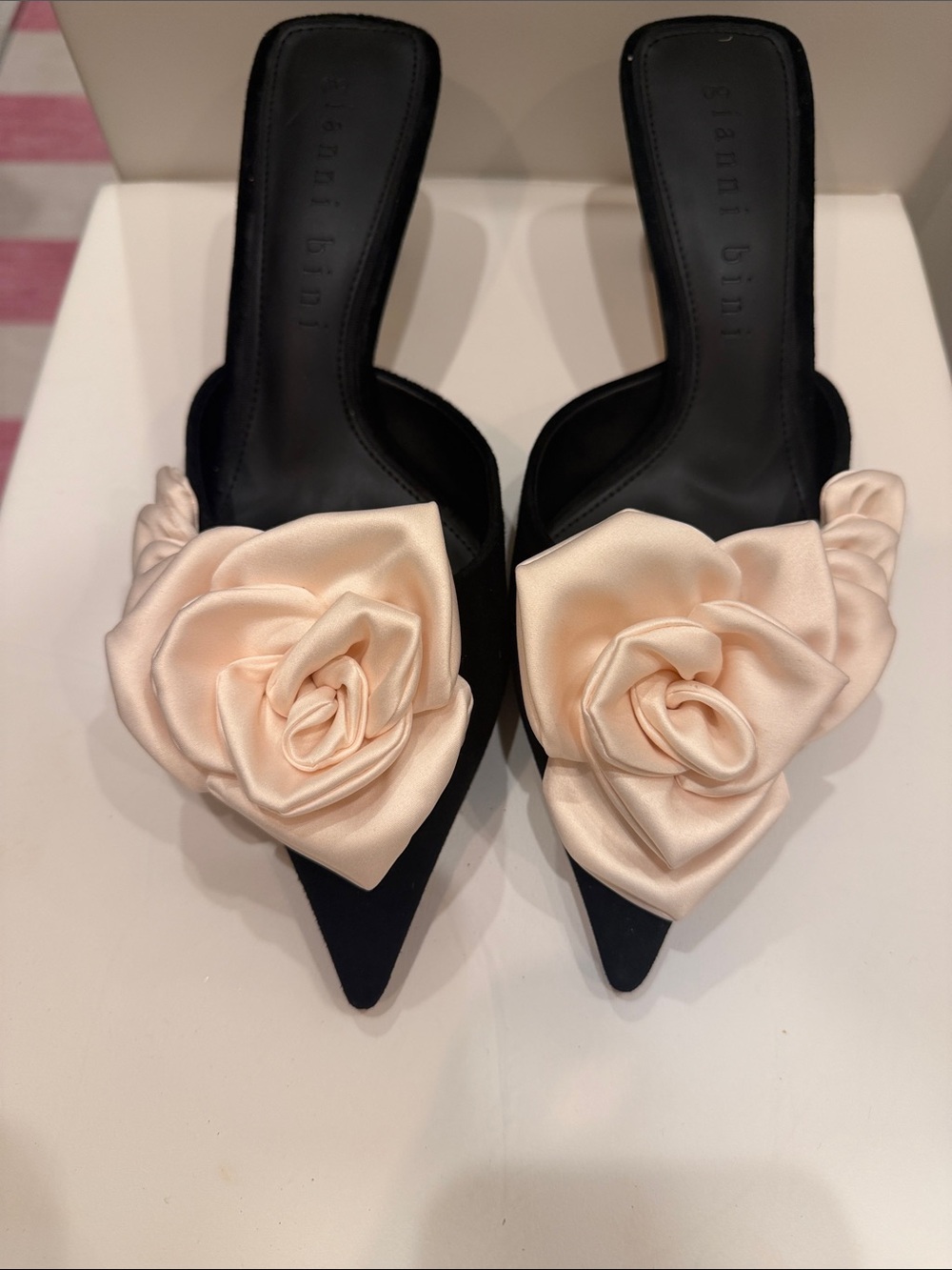 Gianni Bini Women's Black Pointed Toe Mules with Blush Rose